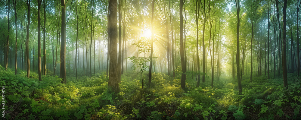 Naklejka premium Ethereal Dawn Light Streaming Through a Lush Forest Canopy