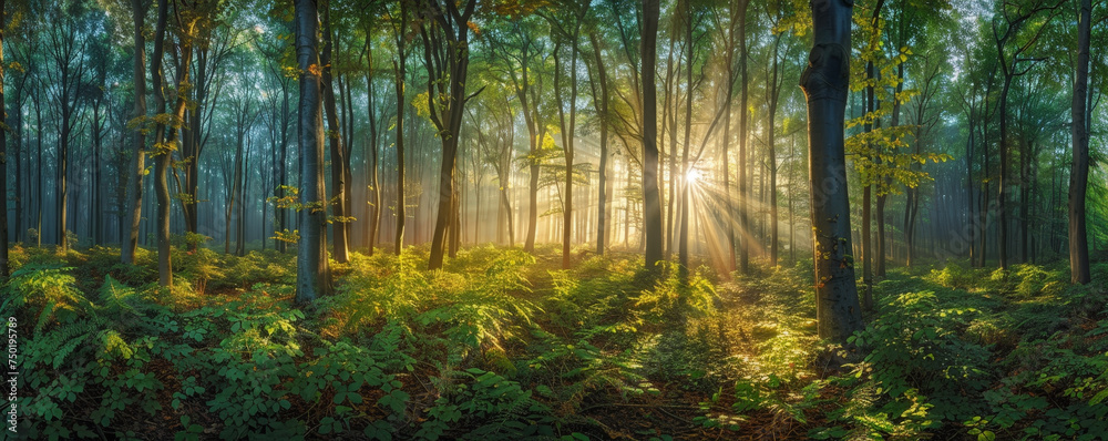 Fototapeta premium Ethereal Dawn Light Streaming Through a Lush Forest Canopy