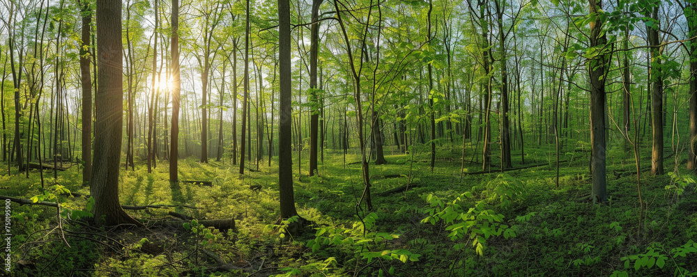 Obraz premium Ethereal Dawn Light Streaming Through a Lush Forest Canopy