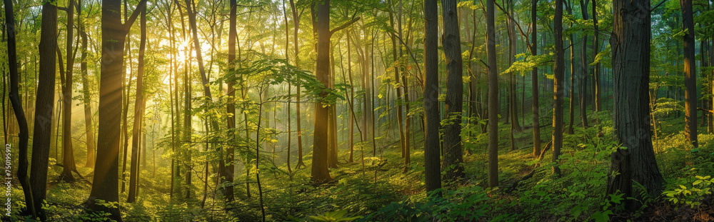 Fototapeta premium Ethereal Dawn Light Streaming Through a Lush Forest Canopy