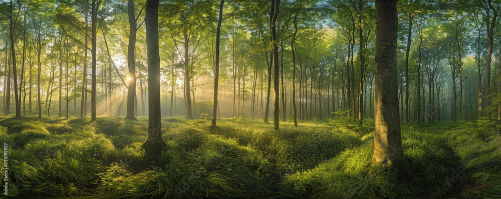 Ethereal Dawn Light Streaming Through a Lush Forest Canopy Ethereal Dawn Light Streaming Through a Lush Forest Canopy