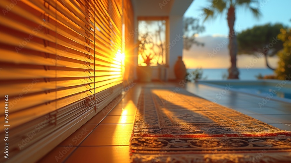  the sun shines brightly through the blinds of a window in a house near a swimming pool with a view of a palm tree and a body of water in the distance.