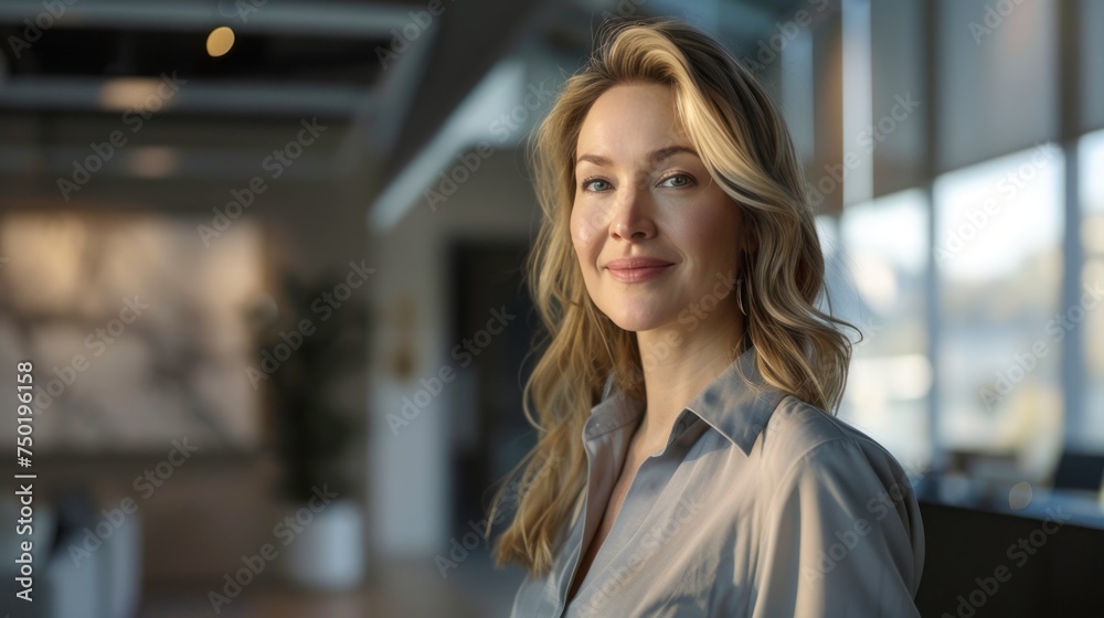 Fototapeta premium Woman Standing in Office Looking at Camera