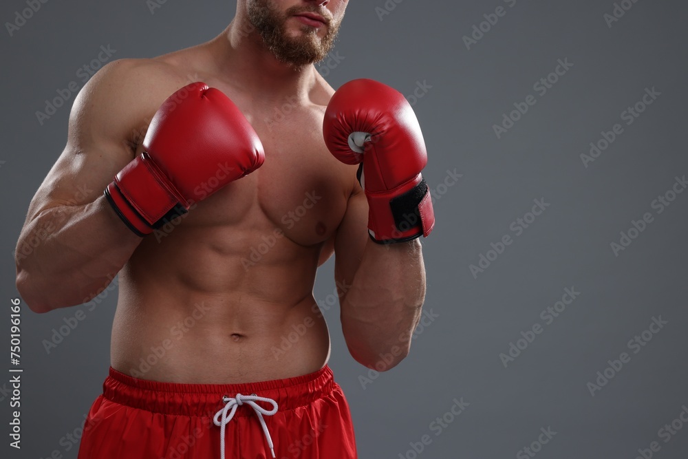 Man in boxing gloves on grey background, closeup. Space for text
