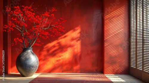  a vase filled with red flowers sitting on top of a wooden floor next to a window with blinds on the side of the room and a red wall behind it.
