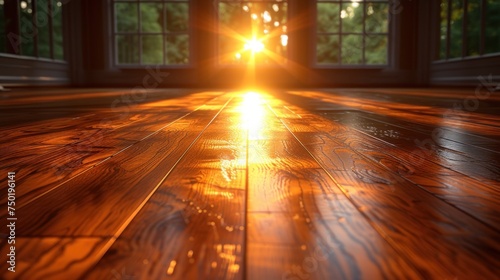  a room with a wooden floor and a large window with a view of the sun shining through the window on the other side of the room is a wooden floor.
