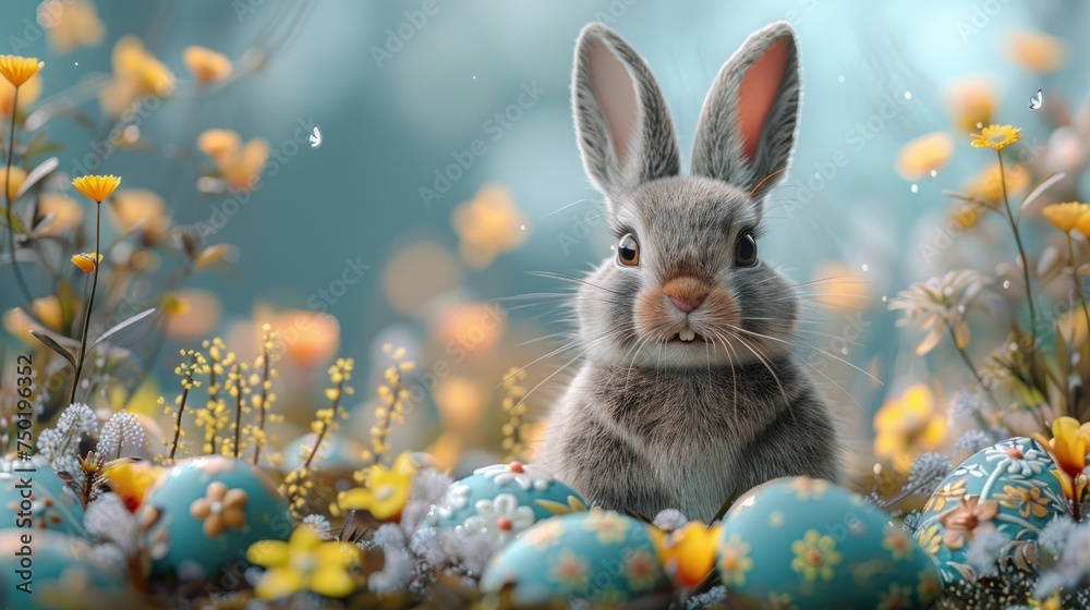 Easter bunny in a meadow with decorated flowers and colorful eggs Easter bunny in a meadow with decorated flowers and colorful eggs