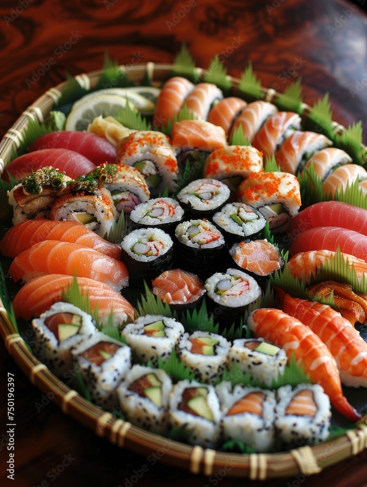 Assorted sushi display in bamboo basket - Beautifully presented sushi arrangement in a bamboo basket reflecting the artistic presentation of Japanese cuisine Assorted sushi display in bamboo basket - Beautifully presented sushi arrangement in a bamboo basket reflecting the artistic presentation of Japanese cuisine