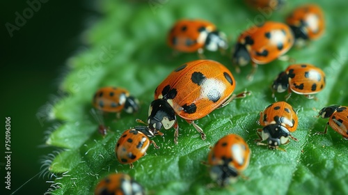  a group of ladybugs sitting on top of a green leaf covered in lots of dots of black and white on top of a green leafy green surface. © Nadia