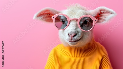  a sheep wearing a yellow sweater and pink sunglasses on a pink background with a pink background and a pink background with a white sheep wearing a yellow sweater and pink.