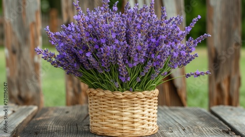  a basket filled with purple flowers sitting on top of a wooden table in front of a wooden fence with a green field in the backround of the picture.