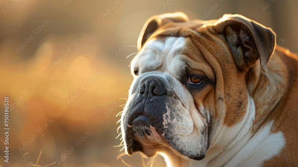 Close-up of a bulldog's face at sunset - Golden hour photograph capturing the expressions and details of a bulldog's face, projecting a calm demeanor