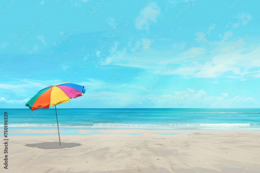 Colorful beach umbrella on sunny beach - A vibrant beach scene with a multicolored umbrella standing on pristine sand against a clear blue sky