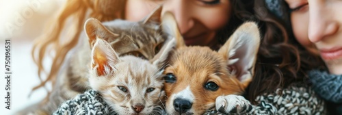 Close-up of woman with pets cuddling - A close-up of a woman tenderly cuddling a kitten and a puppy, evoking warmth and love photo