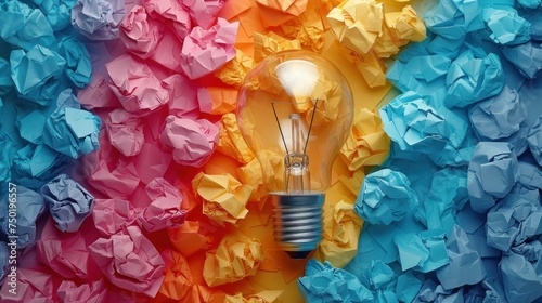  a light bulb sitting on top of a pile of blue, pink, yellow, and orange tissue paper that looks like a rainbow origamizing wallpaper. photo