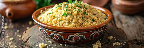 Decorated bowl with couscous and fresh herbs - Overhead shot of cooked couscous garnished with fresh herbs in a decorative bowl, suggesting a finished meal ready to be served