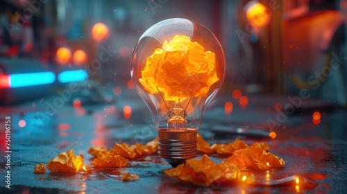  a light bulb that has been turned on with a bunch of yellow flowers inside of it  on a table in a dark room with a lot of lights and a blurry background.