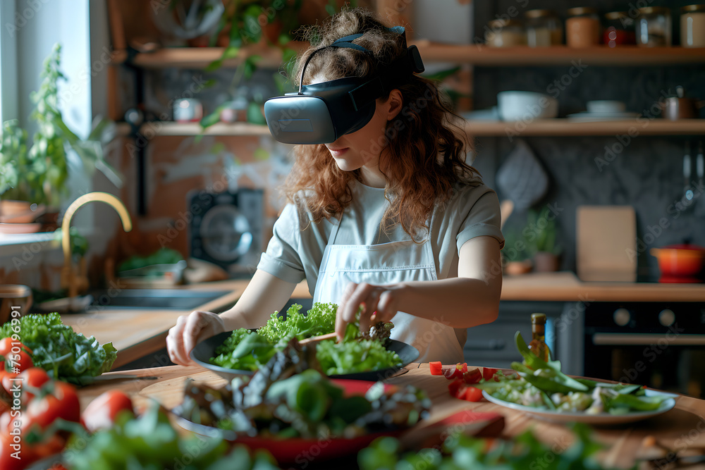 Young woman in VR glasses preparing salad in the kitchen