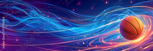Banner with basketball in glowing sparks and waves on space blue background with space for text