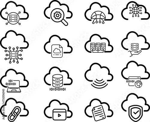 Cloud Computing, Cloud computer and Cloud Hosting related lTechnology and could iconine icons. Collection of Cloud Storage and Networking Vector icons.