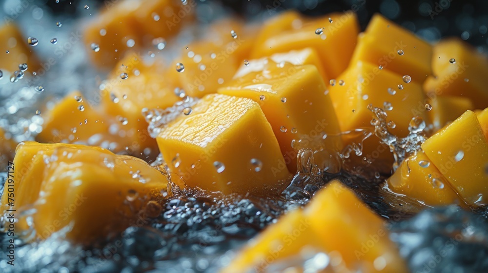 a close up of cubes of mango in a frying pan with water splashing on the top of the cubes and on the side of the other side. a close up of cubes of mango in a frying pan with water splashing on the top of the cubes and on the side of the other side.