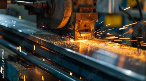 Close-up of a metal cutting machine at work, creating bright sparks in an industrial setting. Capturing the precision and heat of the metalworking process. © Anton Gvozdikov