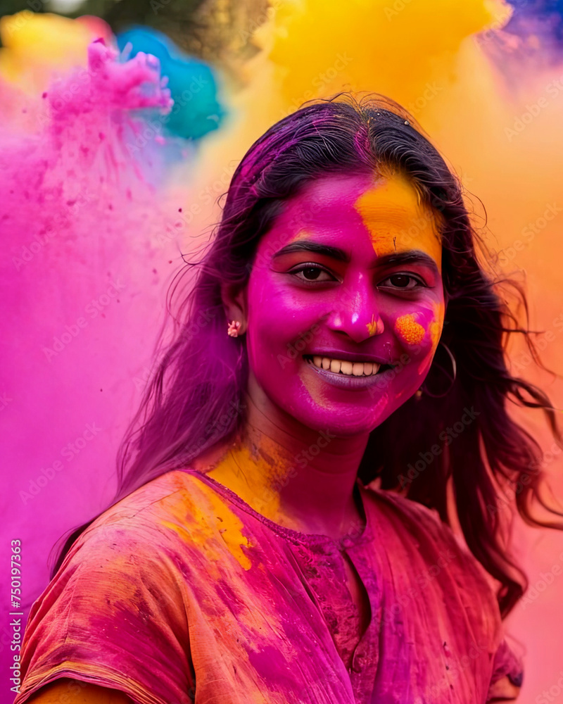 Holi Festival Smiling Woman in Pink and Yellow Shirt. Colorful background