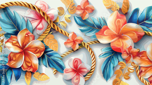 Extured flowers 3d seamless pattern with golden rope