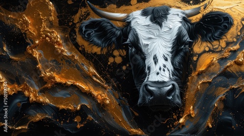  a painting of a black and white cow s head with gold paint splattered on it s face and behind it is a black and white cow s head.