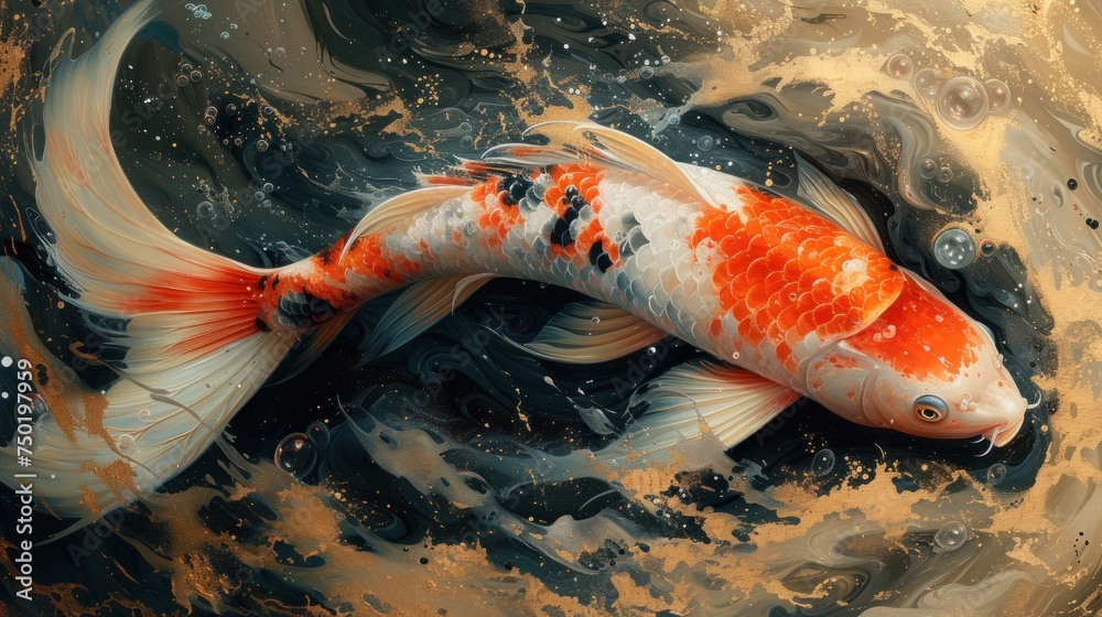  a painting of an orange and white koi fish swimming in a body of water with bubbles on the surface of the water and bubbles on the surface of the water.