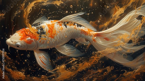  a painting of a koi fish swimming in a pond with bubbles of water on it's sides and an orange and white fish in the middle of the water.