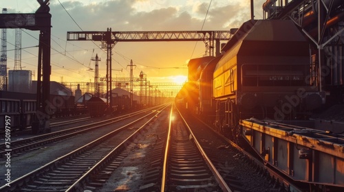 A tranquil scene as the sun sets over railway tracks, casting a golden glow on an idle train and the surrounding structures.