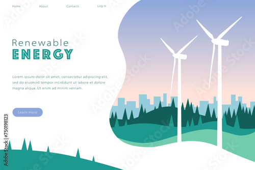 Renewable energy environment, vector concept design of a website page, simple flat illustration with wind turbines
