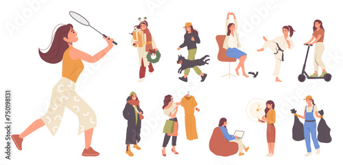 Young attractive dark hair woman cartoon character set of different occupation and activities