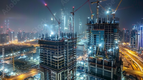 A bustling construction site against the backdrop of a luminous city at night, showcasing urban development and architecture.