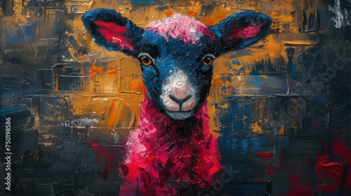  a painting of a sheep with a red, white, and blue coat on it's head and a yellow brick wall behind it and a red and black background. photo
