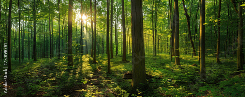 Majestic Sunrise Peeking Through the Vibrant Green Foliage of a Quiet Forest