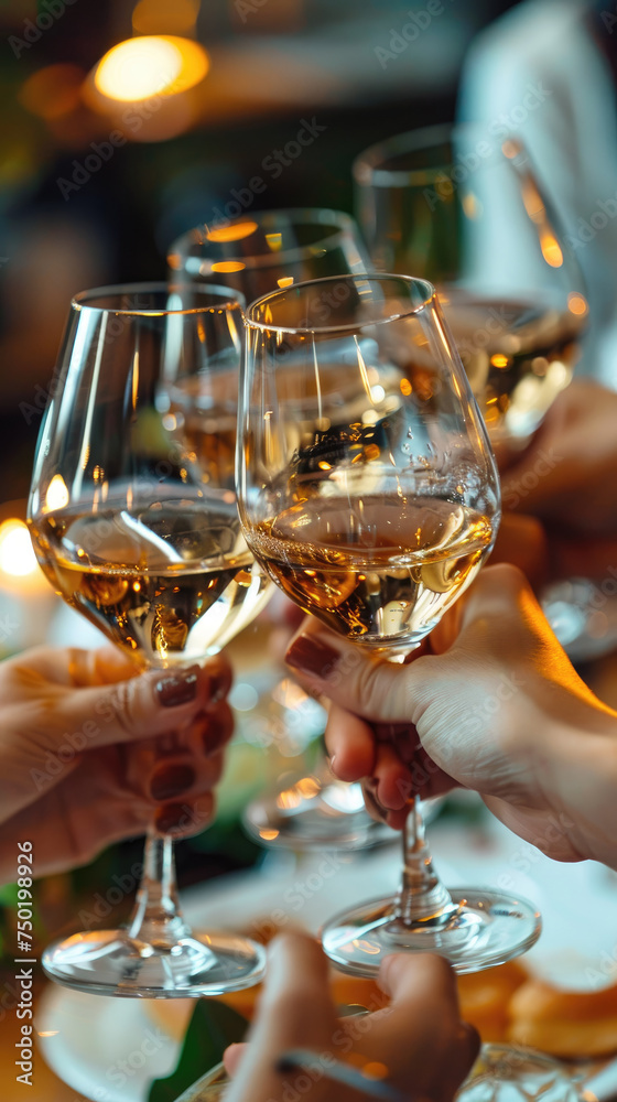 Obraz premium Hands holding wine glasses in warm light - Close-up of people's hands holding wine glasses, enjoying the moment with glowing warm light