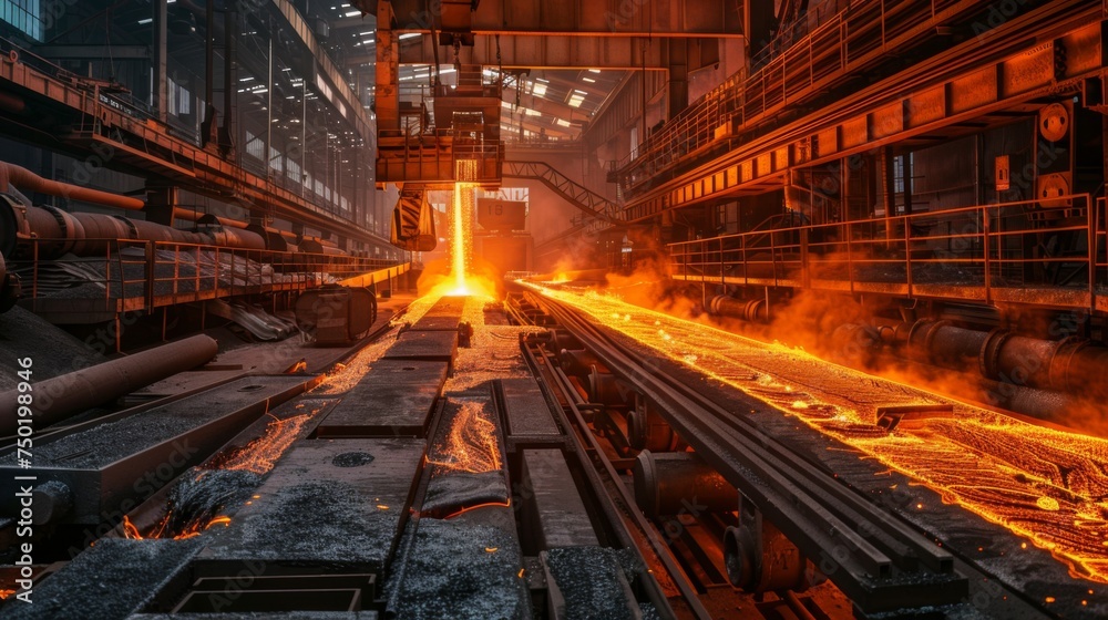 Intense heat radiates from molten steel being poured in a bustling industrial steel mill amidst heavy machinery. Intense heat radiates from molten steel being poured in a bustling industrial steel mill amidst heavy machinery.