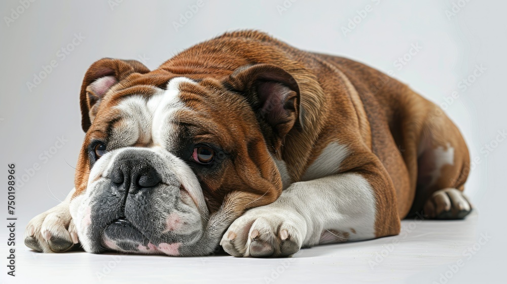 Lying down bulldog on a white background - High-key image of a resting bulldog lying down, showcasing the breed's relaxed and amiable nature