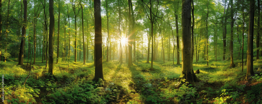 Fototapeta premium Majestic Sunrise Peeking Through the Vibrant Green Foliage of a Quiet Forest