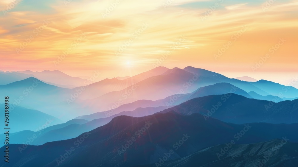 Majestic sunrise over layered mountain peaks - A breathtaking landscape showcasing the beauty of nature with vibrant colors illustrating a sunrise over a series of mountainous silhouettes - obrazy, fototapety, plakaty 