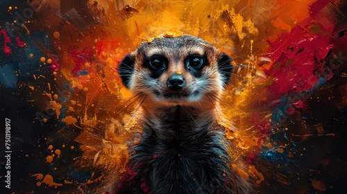 a painting of a meerkat sitting in front of a red and yellow background with lots of paint splatters on it's face and a black background. © Nadia