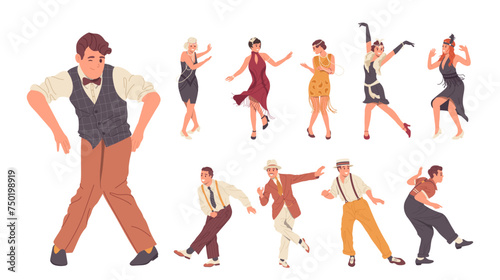 Retro people cartoon characters wearing elegant classical dress and suit dancing swing or charleston