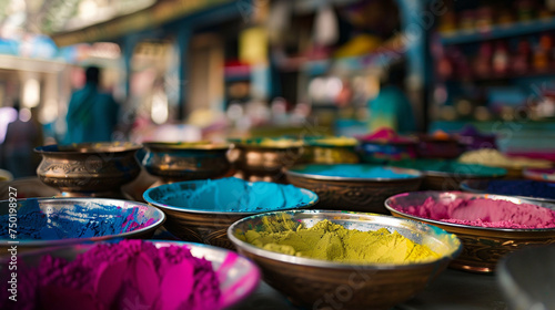 Bowls full of coloured powder during the Indian festival of colours Holi © Mystikal Forest