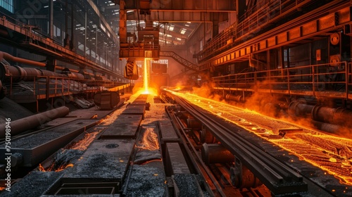 Intense heat radiates from molten steel being poured in a bustling industrial steel mill amidst heavy machinery.