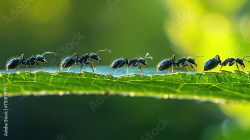 Line of ants highlighted by sunlight on foliage - Sunlit ants emphasize the importance of unity and collective work in nature against a backdrop of bright green foliage