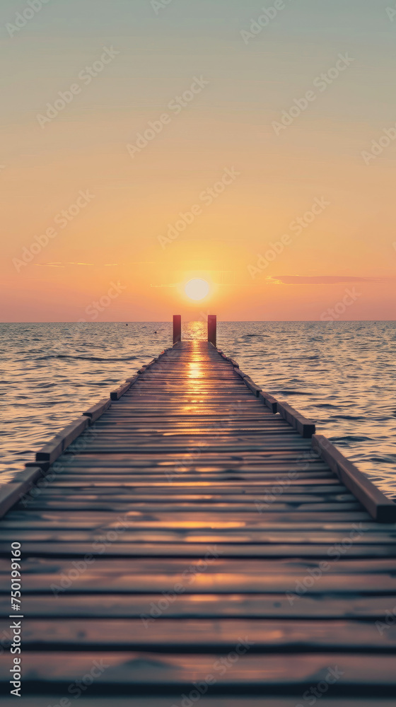 Ocean pier with a centered sunrise geometric view - A symmetrical view of a wooden pier stretching into the ocean with the sun perfectly centered on the horizon