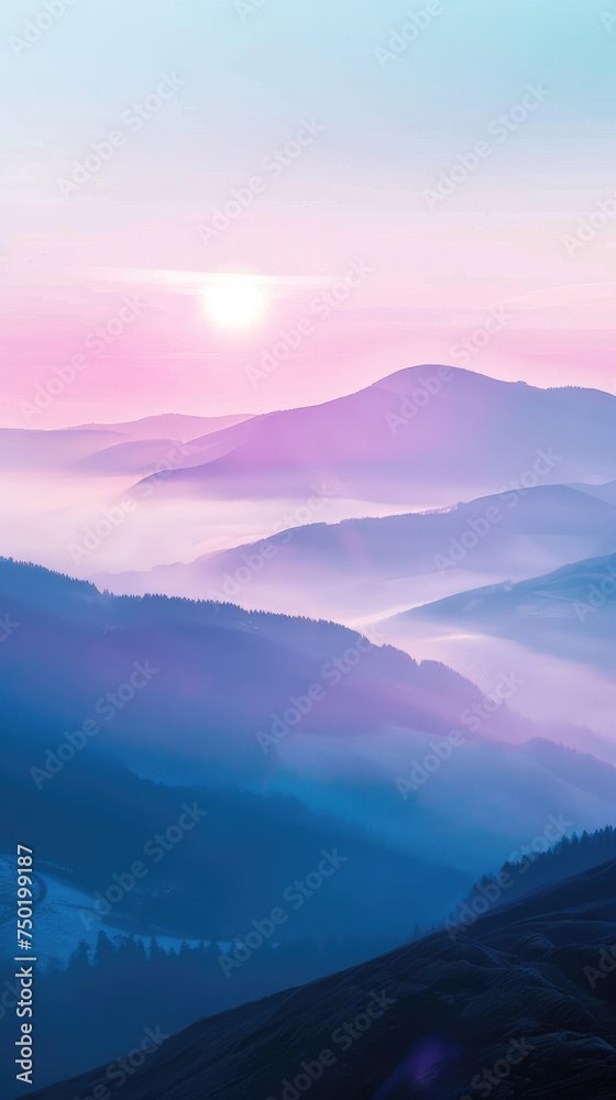 Pastel dawn mist over gentle mountain slopes - Soft pastel colors paint a dreamy dawn scene, where gentle mist wraps around mountain slopes, inviting a sense of wonder and stillness