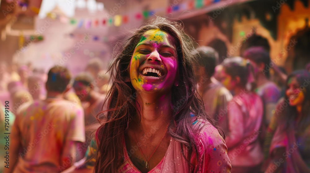 A Woman, her Face full of colour is celebrating the Indian Festival of Colours Holi